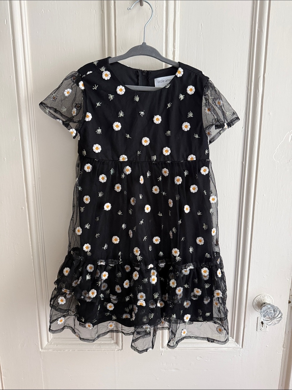 Us Angels Black Mesh Dress with White Daisy Embroidery
